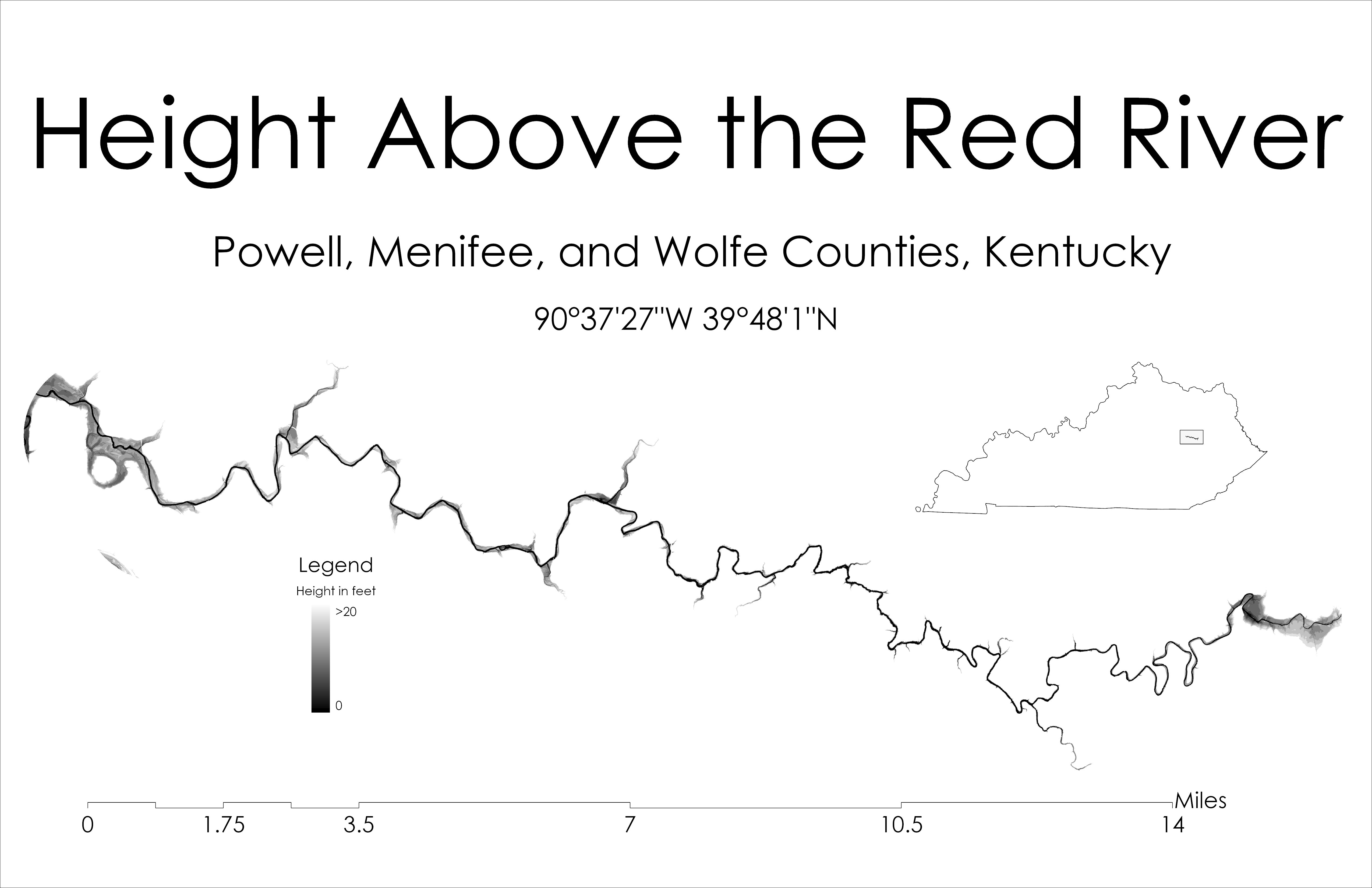 Visualization of the relative elevation above the Red River. This river helped shape the 
      Red River Gorge by cutting through the sandstone over millions of years to form the arches well known to the area.