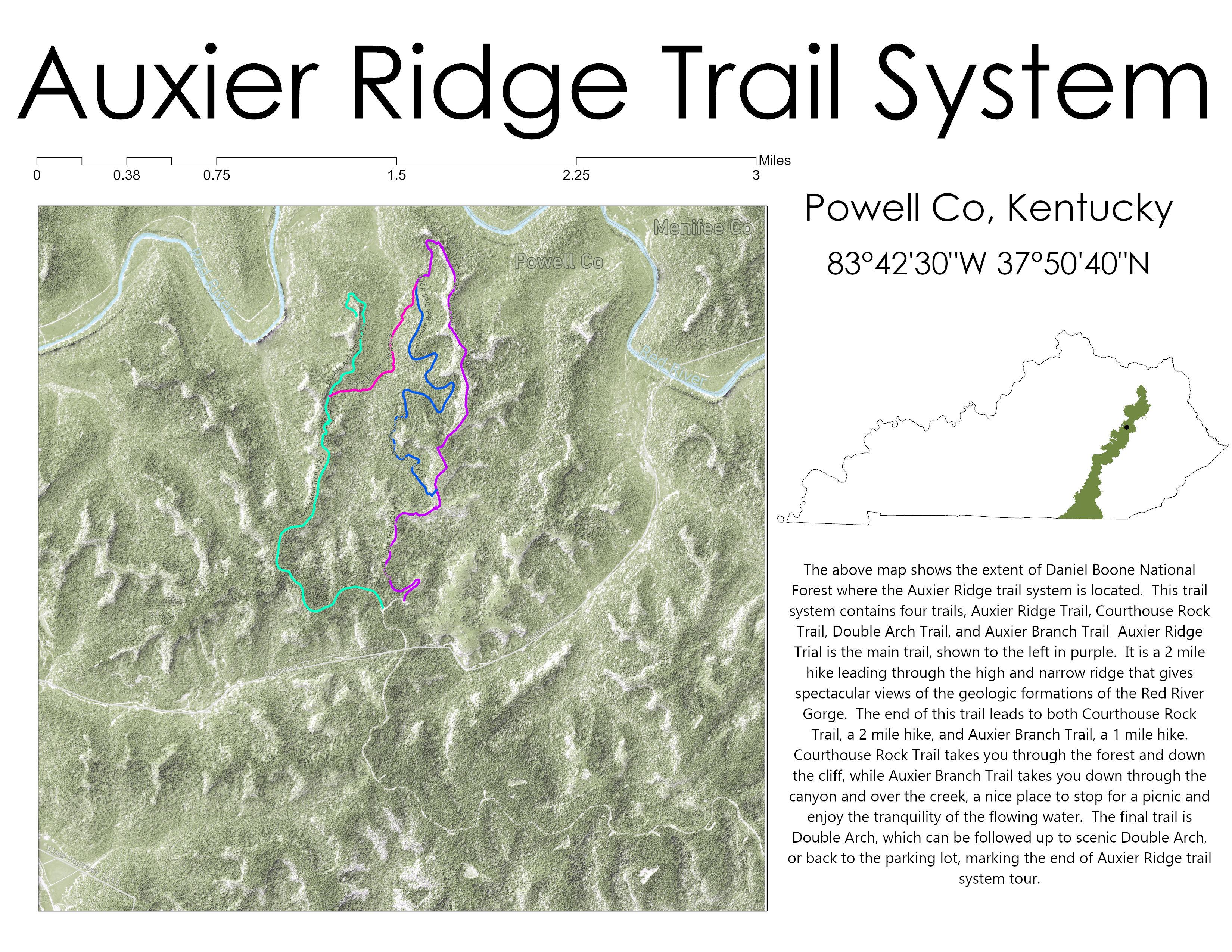 Map of trails that comprise the Auxier Ridge Trail system.